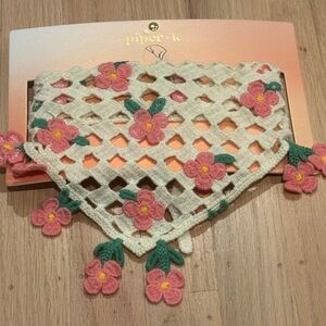 NWT Piper K Floral Crochet Hair Scarf in Cream and Pink